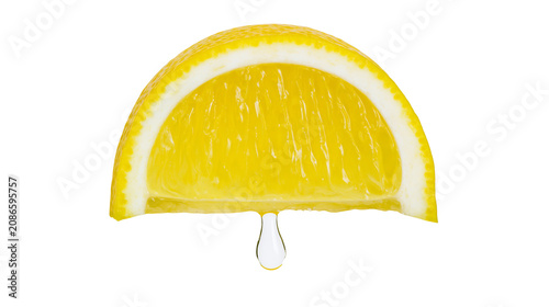 Obraz na plátně Bright yellow lemon slice with clear juice droplet, isolated on transparent back