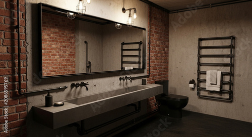 Modern industrial bathroom interior with brick wall and towel radiator