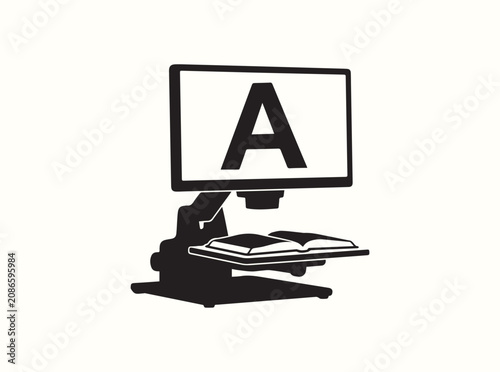 Sleek optometry assistance tool illustration showcasing a sliding reading tray and lens camera