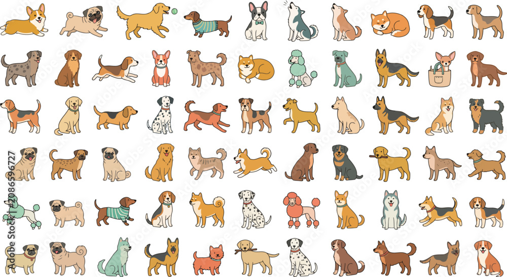 Fototapeta premium Collection Of Dog Illustrations Colorful Vector Graphics On White Background