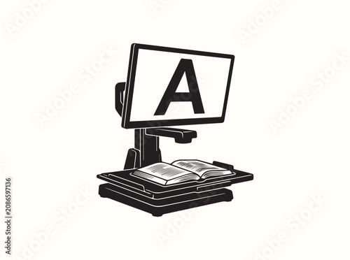 Flat vector art of a desktop visual aid device magnifier holding an educational manual
