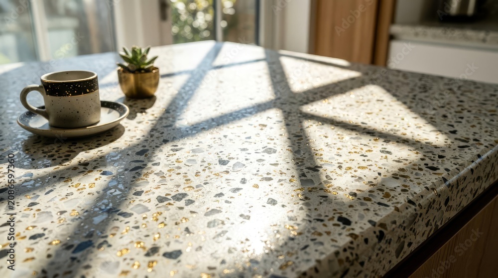 Obraz premium Terrazzo Countertop with Coffee Cup and Succulent in Morning Sunlight