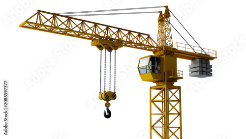 Photos Yellow construction tower crane with hook and counterweights