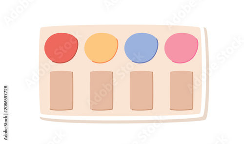 Cartoon gouache paint palette patch on white. Cute painter palette icon with bright color art dots. Childish craft object for children school and workshop, fun diy study tool and creative stationery