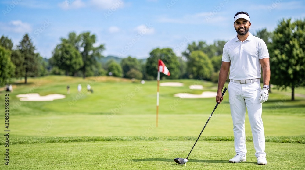 Obraz premium Smiling Indian golfer in white attire standing on a green golf course with a driver