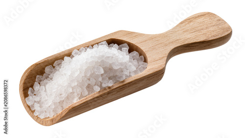 Wooden scoop filled with coarse sea salt crystals