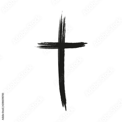 Grunge cross brush stroke black vector shape features rough paint. The religious symbol concept visualizes abstract designs.