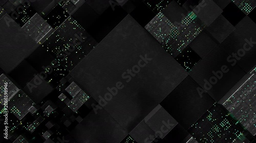 Looping 3d animation of randomly moving dark carbon cubes with glowing neon data patterns, abstract tech seamless background. 3d rendering not AI