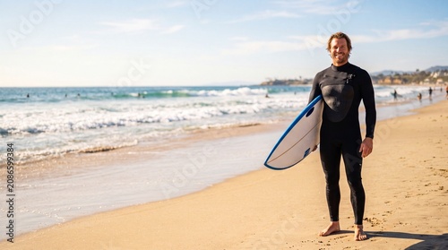 Smiling male surfer in black wetsuit holding surfboard on sunny beach