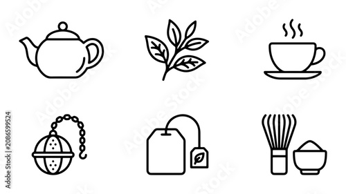 Fotografía Tea Icons Set: Teapot, Leaves, Cup, Infuser, Bag, Matcha Whisk, Vector Graphics