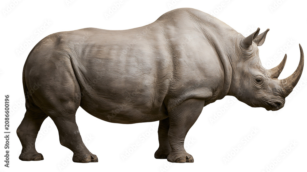 Fototapeta premium Massive white rhinoceros with two horns, isolated on transparent background