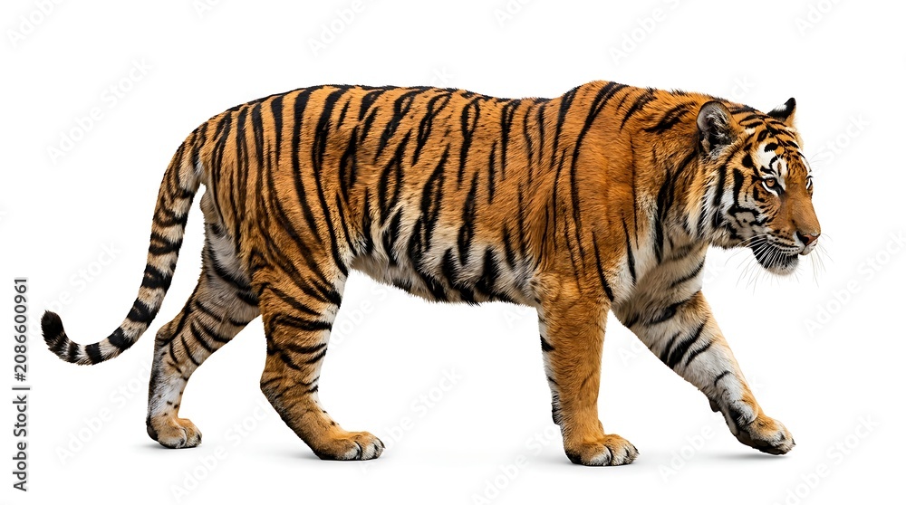 Fototapeta premium Bengal tiger walking on white background side view