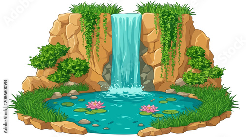 Fotografía A serene waterfall cascades into a tranquil pond surrounded by lush greenery and vibrant flowers in a natural landscape