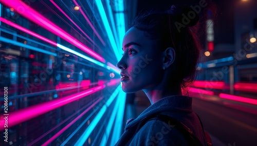 Young woman illuminated by neon light trails in a futuristic city, representing artificial intelligence, digital innovation, speed, and advanced technology.