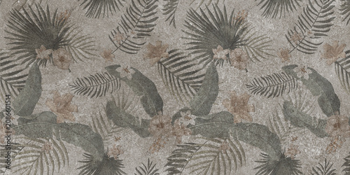 Flowers on the old white wall background, digital wall tiles or wallpaper design