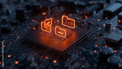Glowing cloud storage icons emerging from a computer chip on a circuit board, representing cloud computing, data storage, and digital infrastructure.