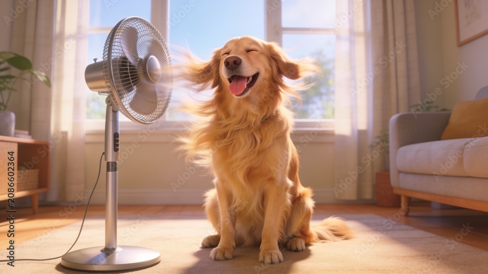 Naklejka premium Golden Retriever enjoying cool air from an electric fan indoors with wind blowing through its fur on a warm day.
