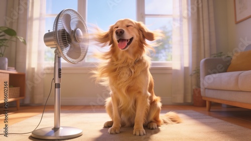 Golden Retriever enjoying cool air from an electric fan indoors with wind blowing through its fur on a warm day.