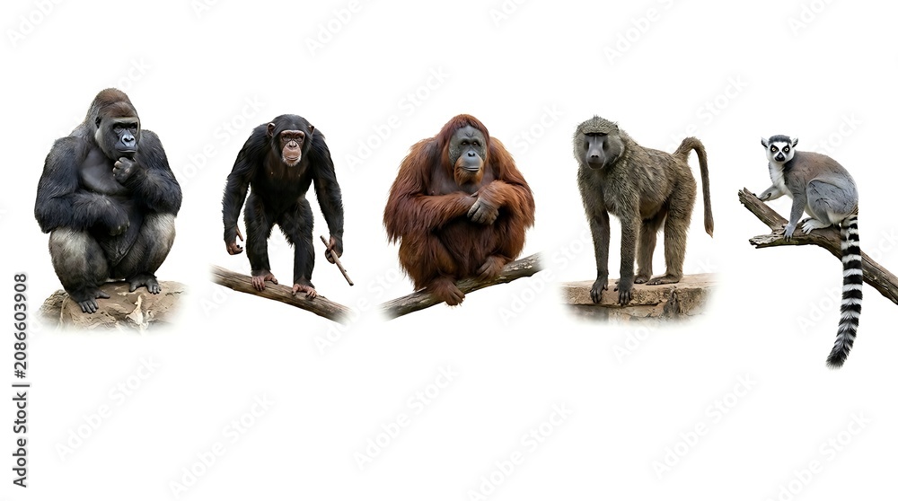 Fototapeta premium Five primate species gorilla chimpanzee orangutan baboon and lemur