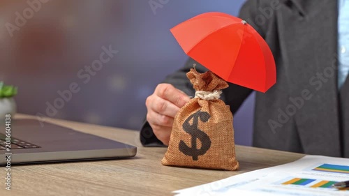 A dollar money bag and an insurance umbrella. Insurance of capital, deposits, and savings accounts. Guaranteed deposit payments. Protection and financial security.