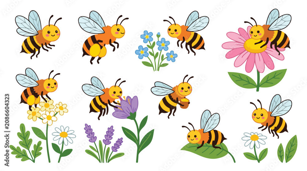 Obraz premium Collection of cute cartoon bees gathering around colorful flowers in a cheerful garden scene