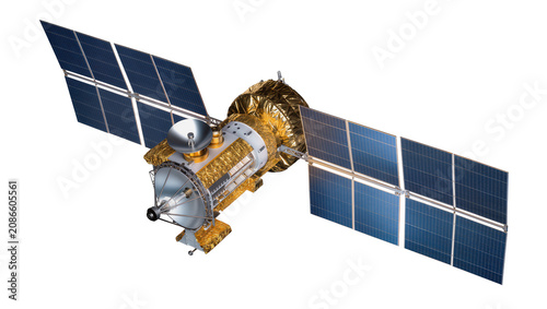 Obraz na plátne Space satellite with large solar panels and dish antenna