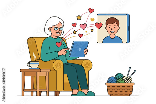 Elderly caucasian female video calling on tablet with young male contact displayed.
