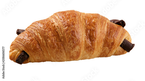Tableau sur toile Golden brown flaky croissant with dark chocolate filling, isolated on transparen