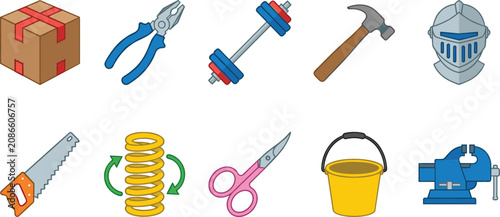 Konstfotografi Hardware Tools and Industrial Equipment Icon Set with Pliers, Hammer, Hand Saw,