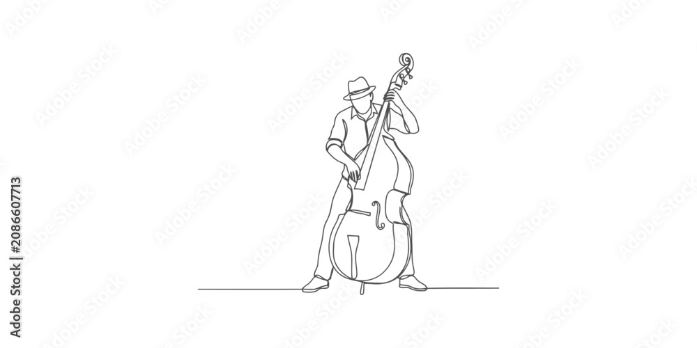 Obraz premium Continuous single line drawing of a man playing a double bass instrument with a fedora hat in a jazz music performance style