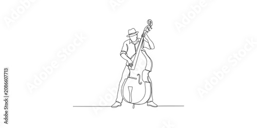 Photography Continuous single line drawing of a man playing a double bass instrument with a