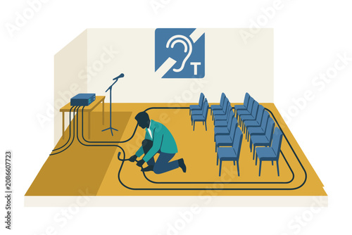 Technician setting up hearing loop system in an auditorium with empty chairs.