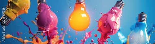 A vibrant 3D illustration of colorful lightbulbs exploding with ideas, symbolizing brainstorming and generating creative solutions  ,3DCG