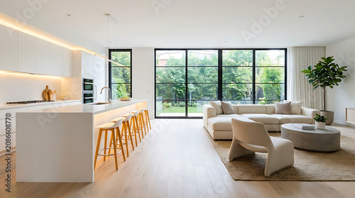 White open concept kitchen and living area with large windows