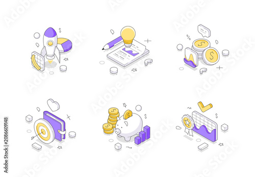 Startup and business development icons. Modern isometric vector illustration for new project launch and innovation concepts. Symbols for strategy, investment, and growth for web and mobile design
