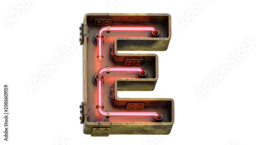 Brass neon letter E with pink glowing tubes and rivets