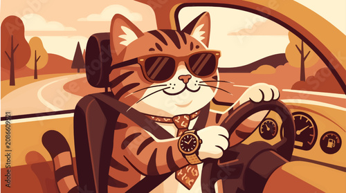 Foto Cute Cartoon Tabby Cat Wearing Sunglasses and Casual Tie, Driving a Car with Das