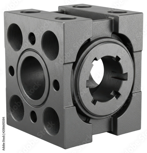 Heavy industrial metal hydraulic manifold block isolated on transparent