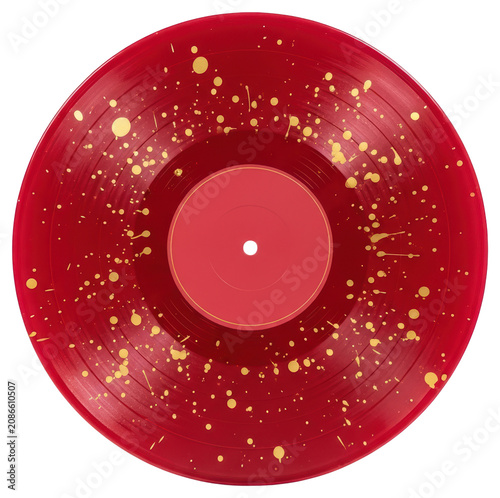 Red splatter vinyl record with gold paint cutout on transparent background