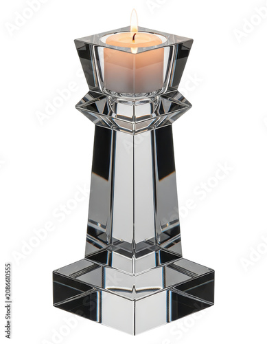 Elegant crystal geometric candle holder with lit candle with transparent background