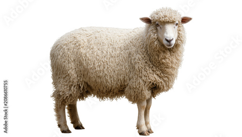 Fotografija Fluffy sheep with thick wool standing on white