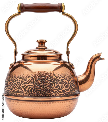 Vintage copper teapot with floral engraving isolated on a transparent background