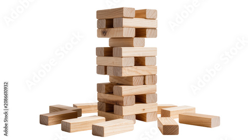 Fotografie Wooden Jenga Tower Game Blocks Stacked and Scattered