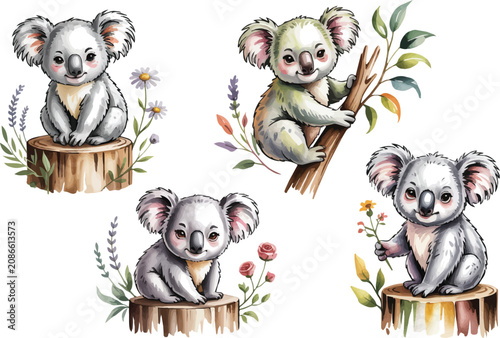 Photography set of watercolor Koala with branch  vector illustration isolated on white backg