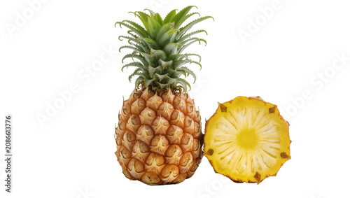 Fotografie Whole pineapple and cross-section slice showing texture