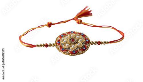Traditional rakhi bracelet with red thread and beaded centerpiece, festive wrist band jewelry for Raksha Bandhan gift isolated PNG with Transparent Background