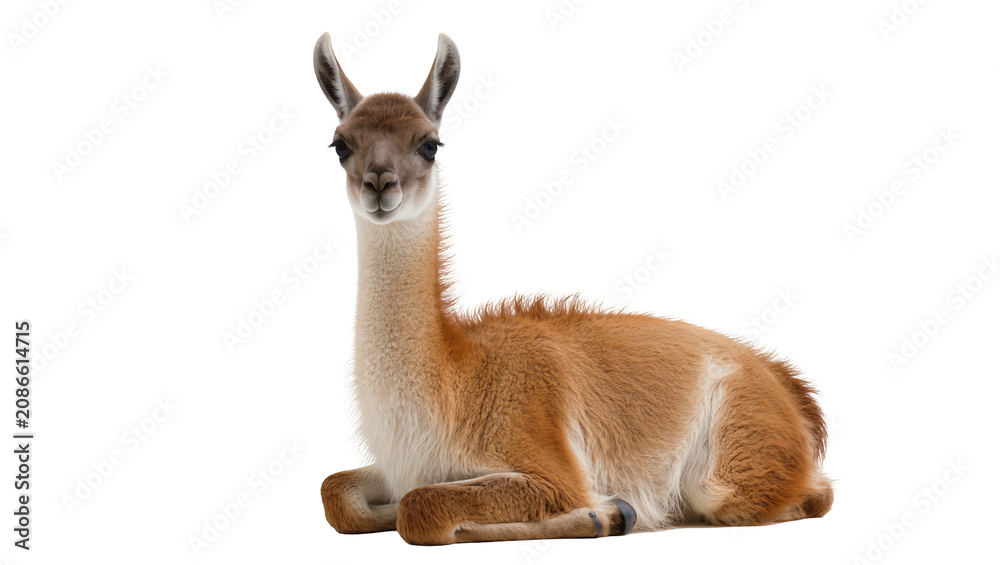 Fototapeta premium Guanaco camelid animal lying down with fluffy fur and long neck