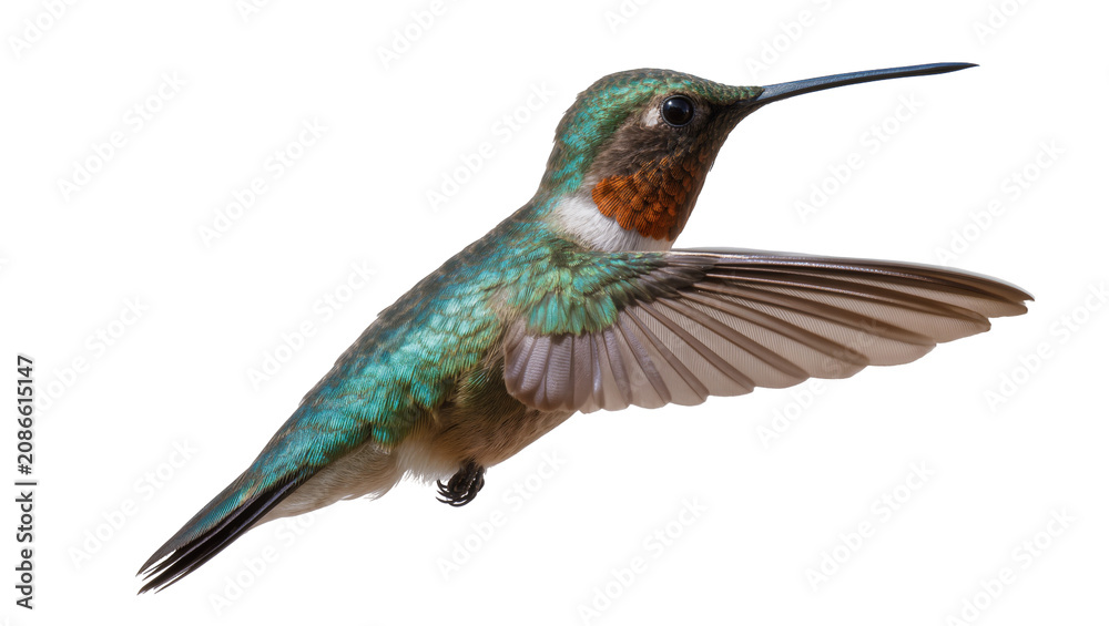 Fototapeta premium Hummingbird with iridescent green feathers and orange throat in flight
