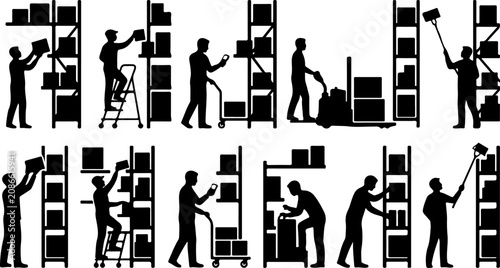 Warehouse workers silhouettes with shelves, boxes, ladders and carts vector illustration