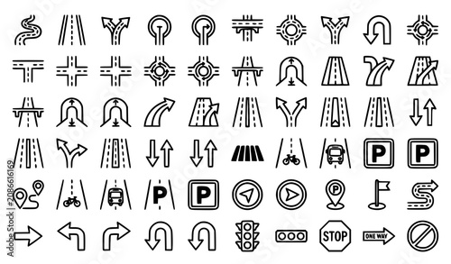 Bild auf Leinwand Modern navigation and city road outline icon collection featuring intersections